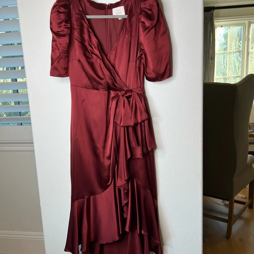Cinq à Sept Wine Red Faux Wrap Silk Dress 2 - Picture 3 of 8